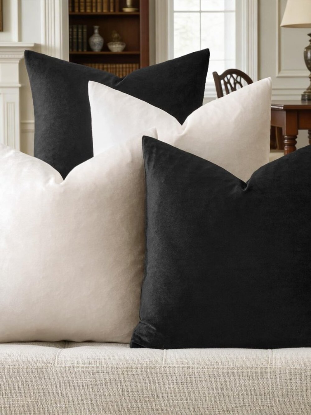 Pack of 4 Decorative Velvet Pillow Covers 18x18 Black Ivory